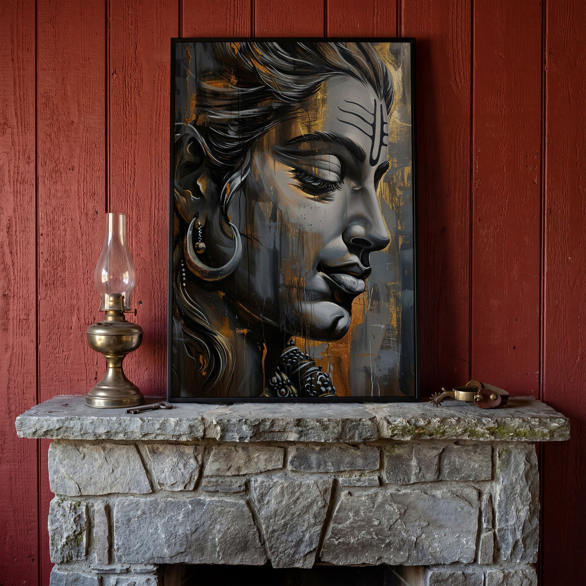 Lord Shiva Canvas Print in Charcoal and Gold in black floating frame