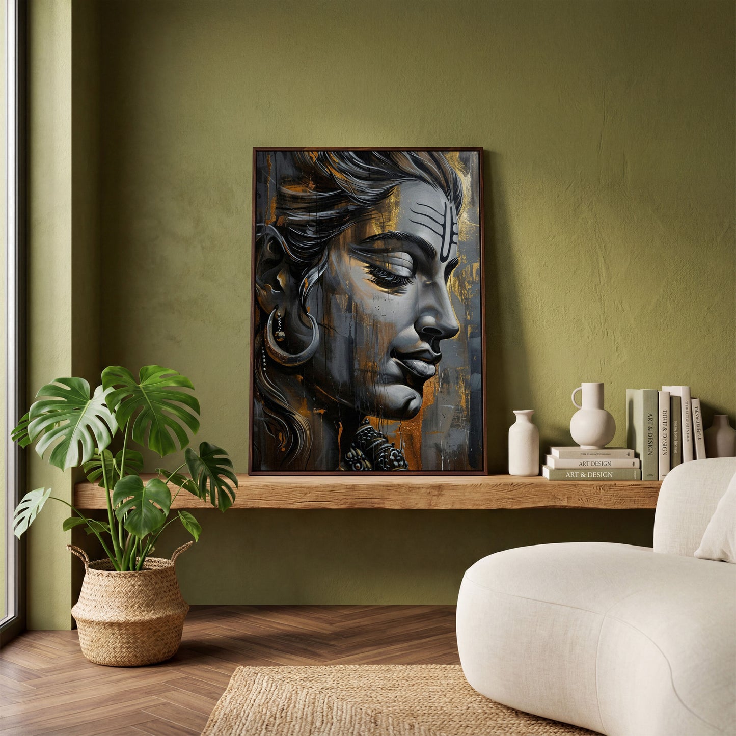 Lord Shiva Canvas Print in Charcoal and Gold in dark walnut floating frame