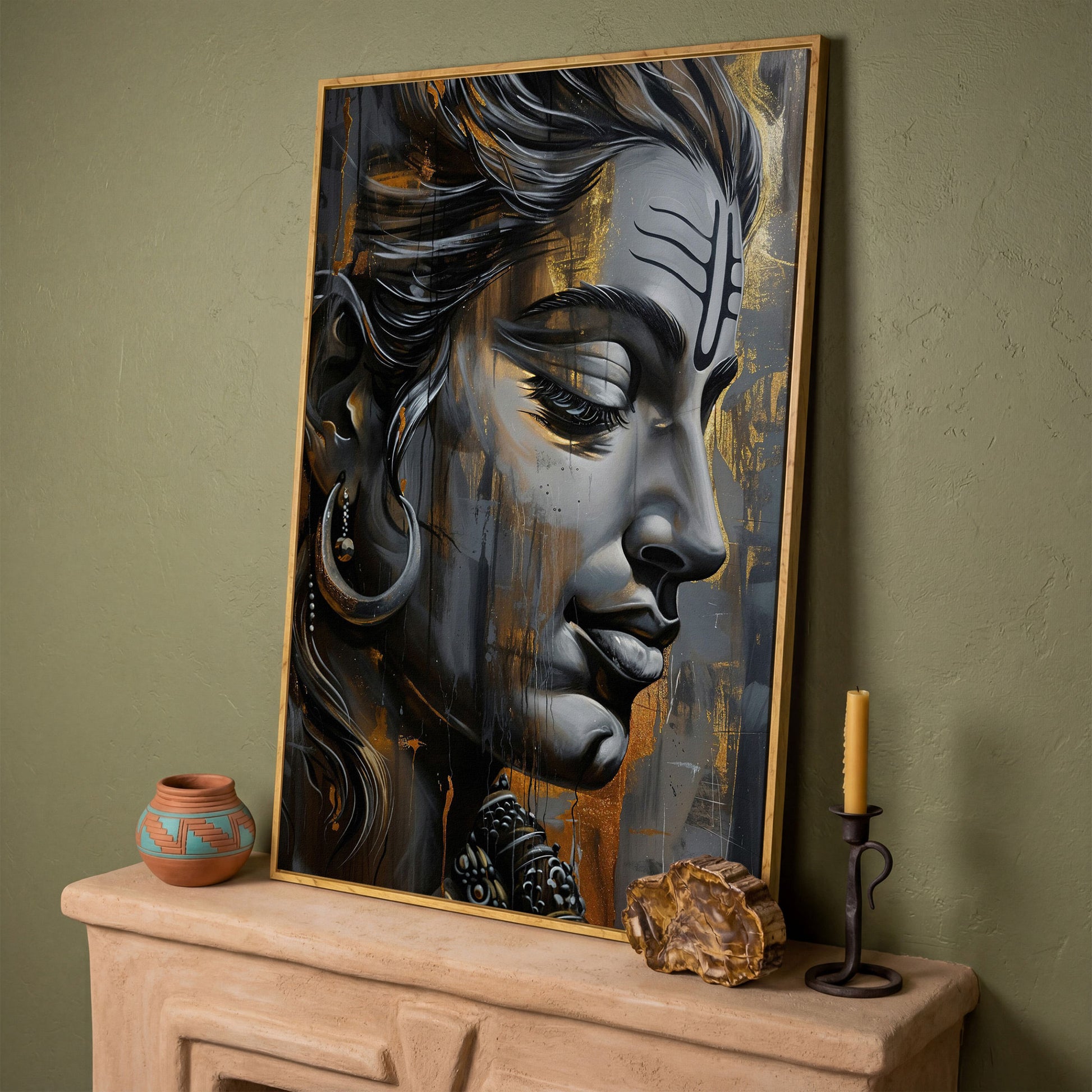 Lord Shiva Canvas Print in Charcoal and Gold in white oak floating frame