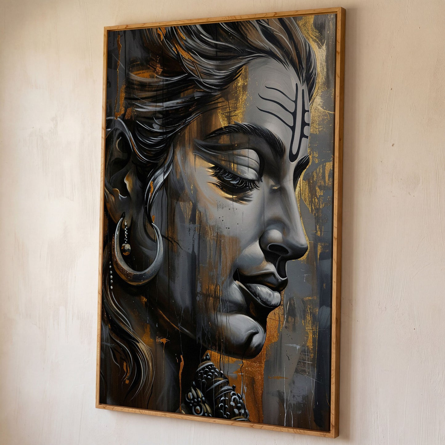 Lord Shiva Canvas Print in Charcoal and Gold shown in white oak floating frame