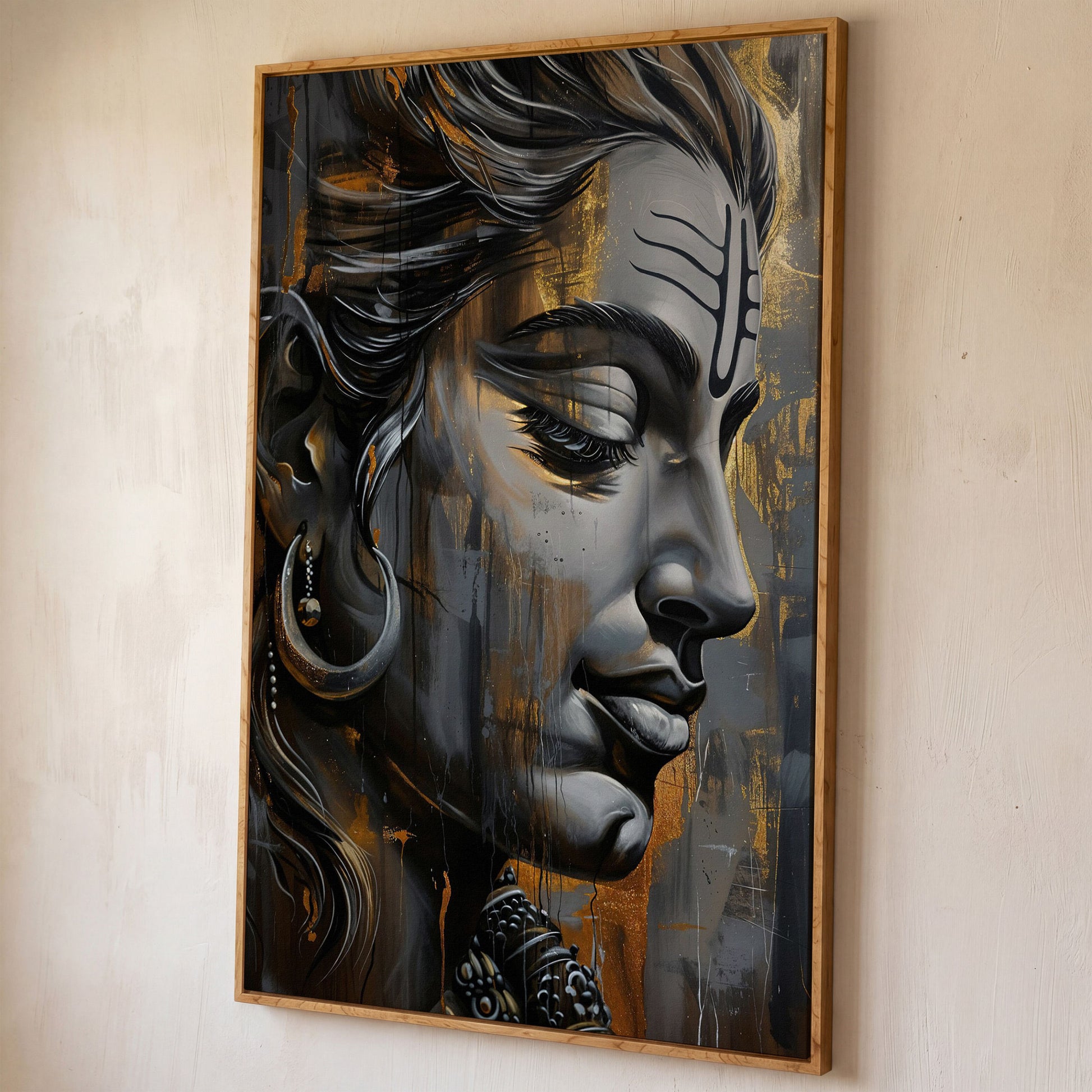 Lord Shiva Canvas Print in Charcoal and Gold shown in white oak floating frame