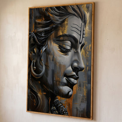 Lord Shiva Canvas Print in Charcoal and Gold shown in white oak floating frame
