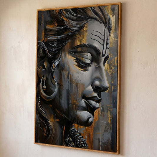 Lord Shiva Canvas Print in Charcoal and Gold shown in white oak floating frame