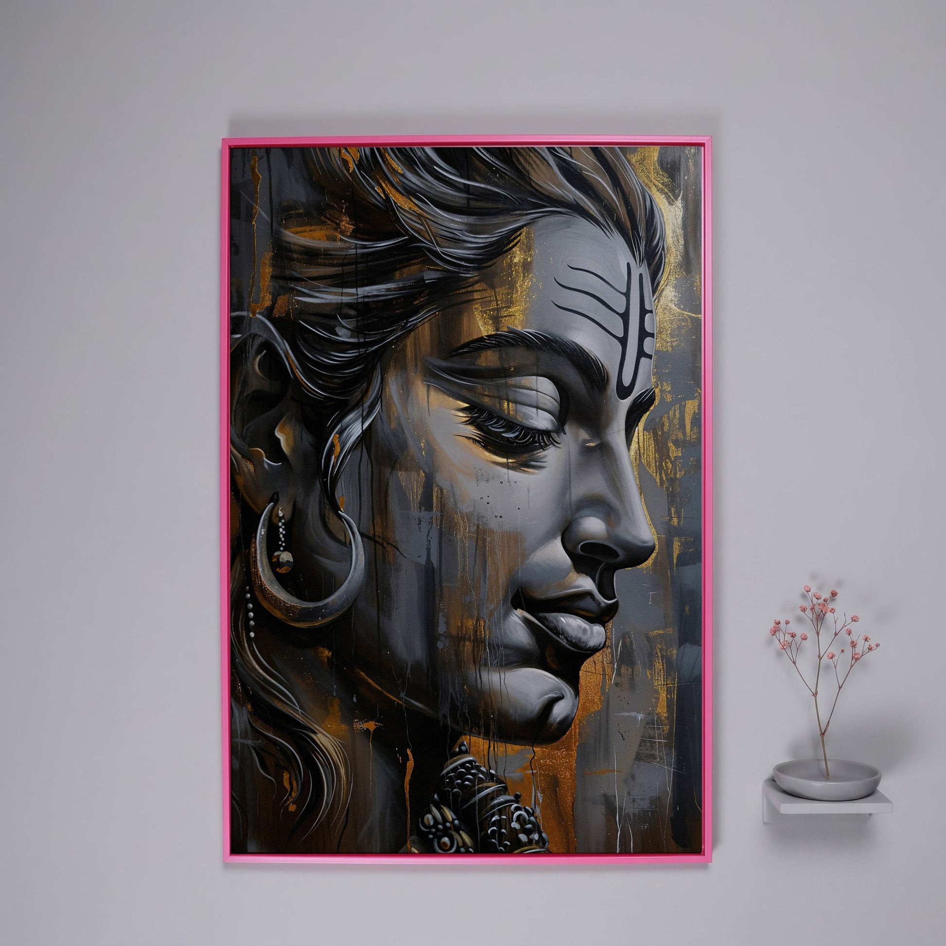 Lord Shiva Canvas Print in Charcoal and Gold in pink floating frame