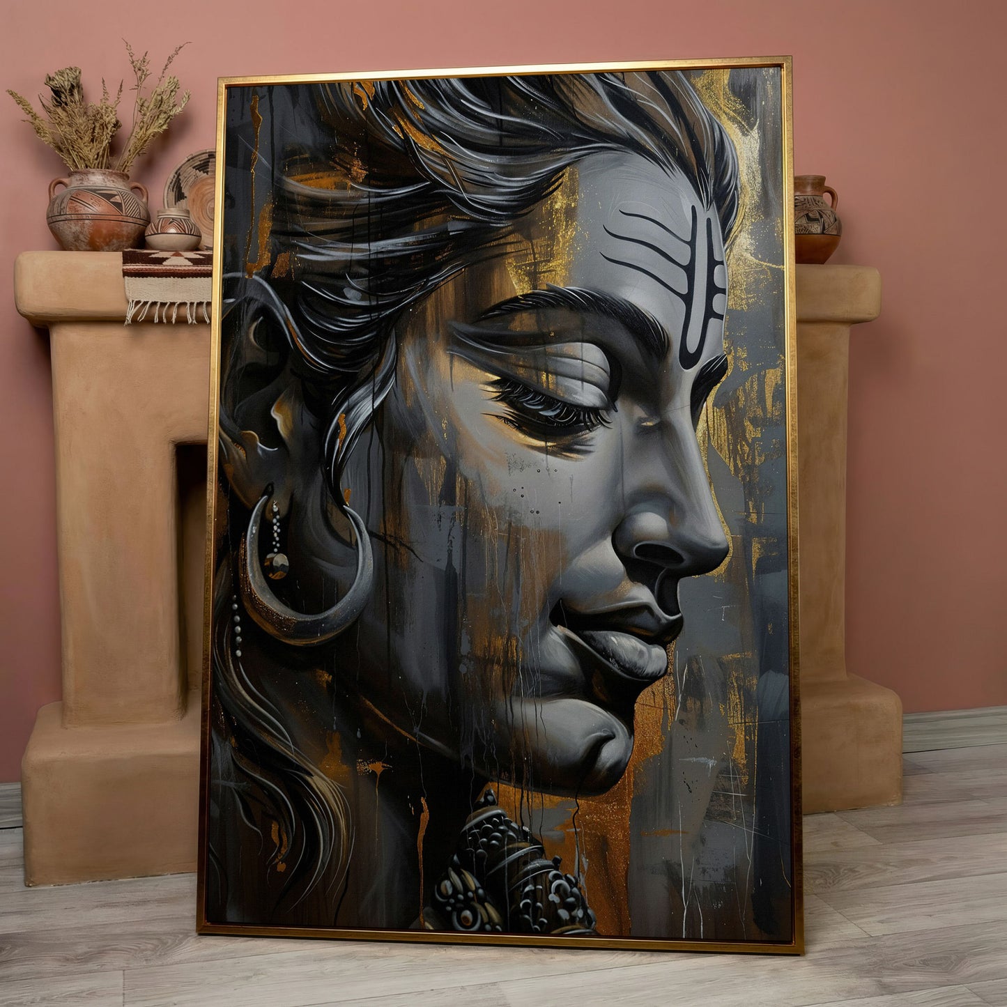 Lord Shiva Canvas Print in Charcoal and Gold in rose gold floating frame