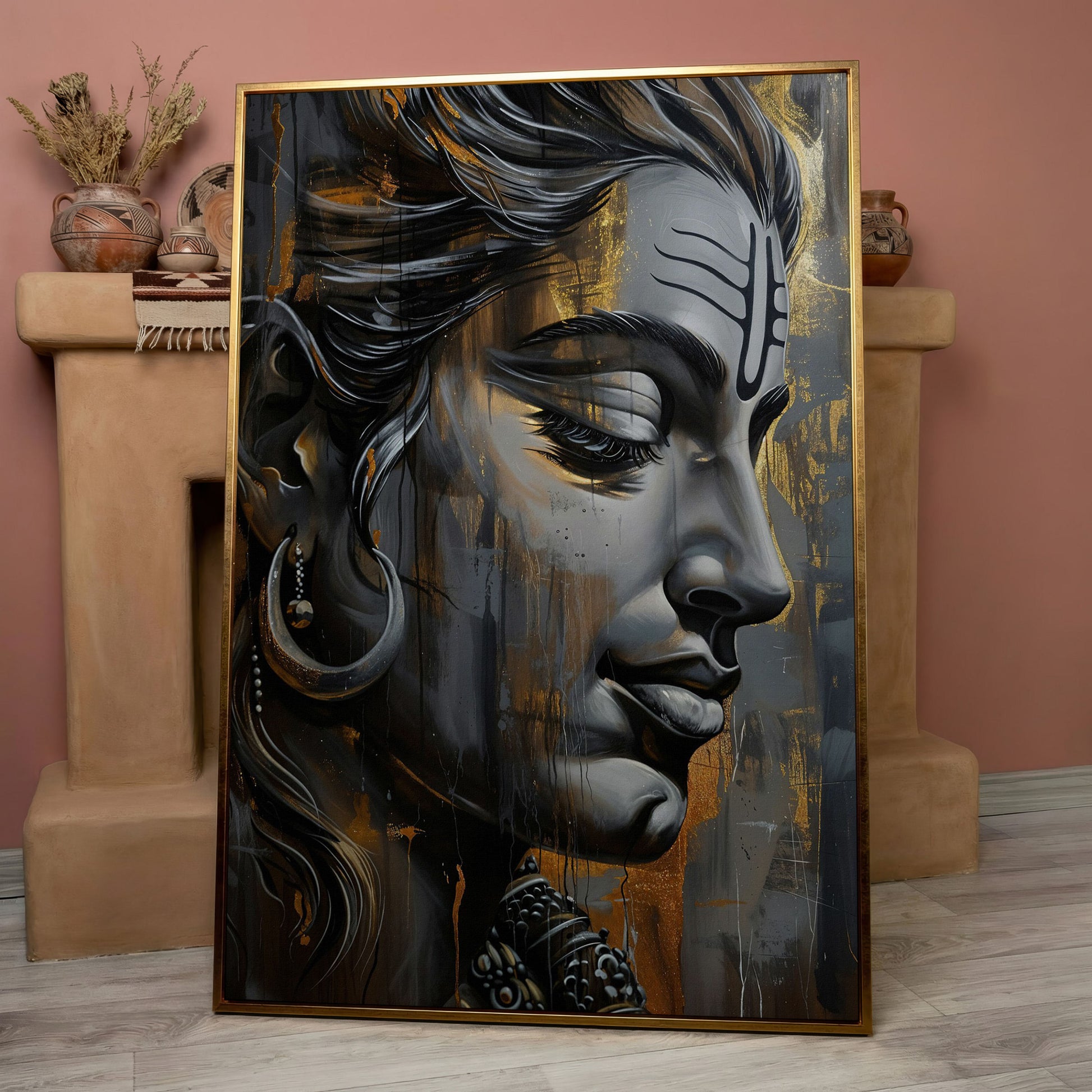 Lord Shiva Canvas Print in Charcoal and Gold in rose gold floating frame