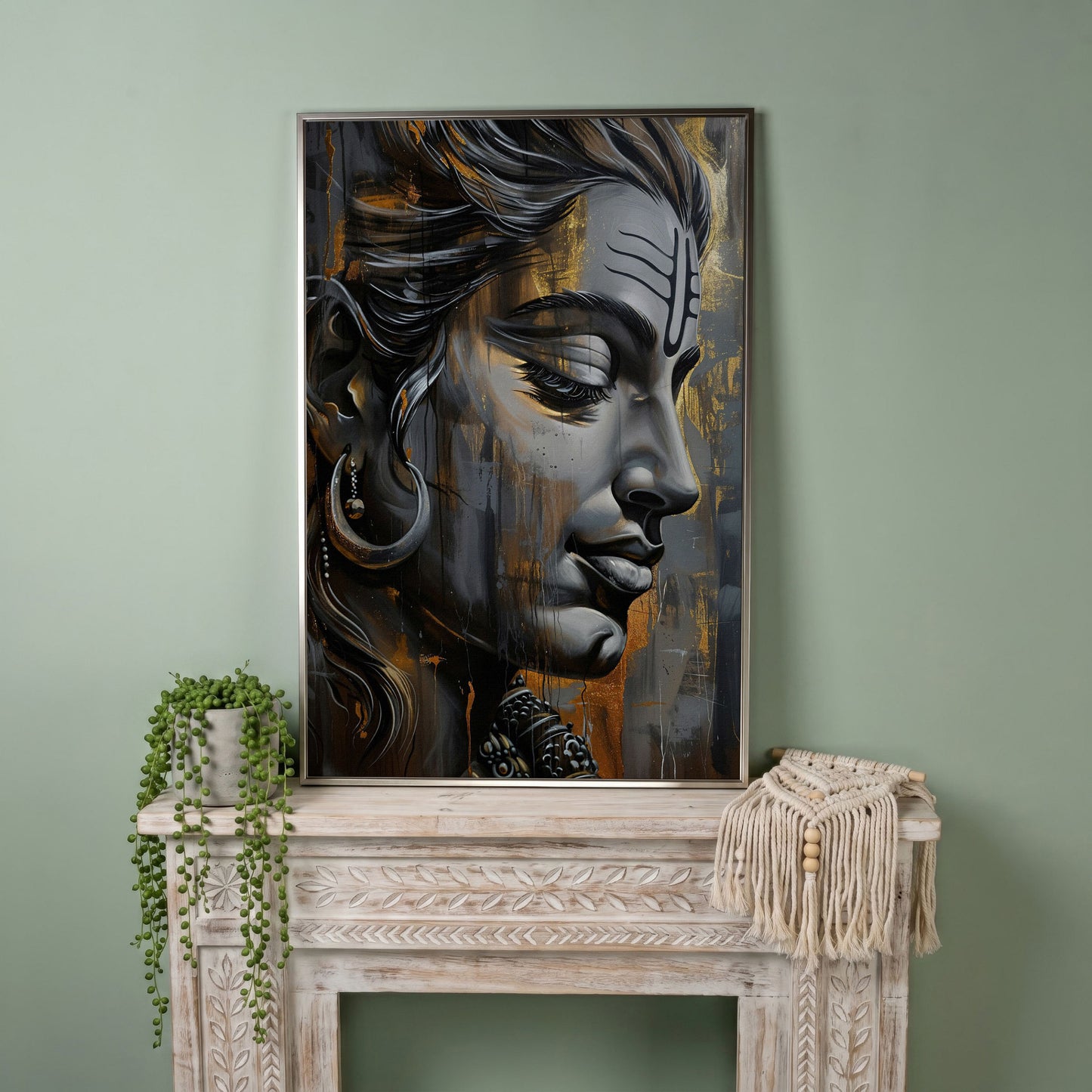 Lord Shiva Canvas Print in Charcoal and Gold in silver floating frame