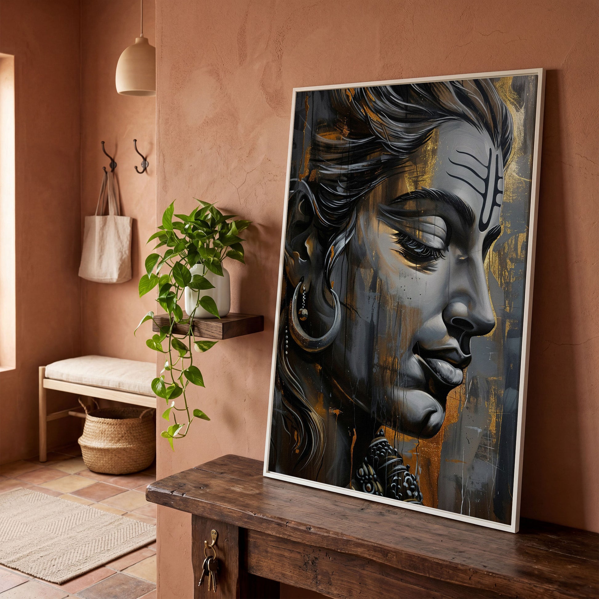 Lord Shiva Canvas Print in Charcoal and Gold in white floating frame