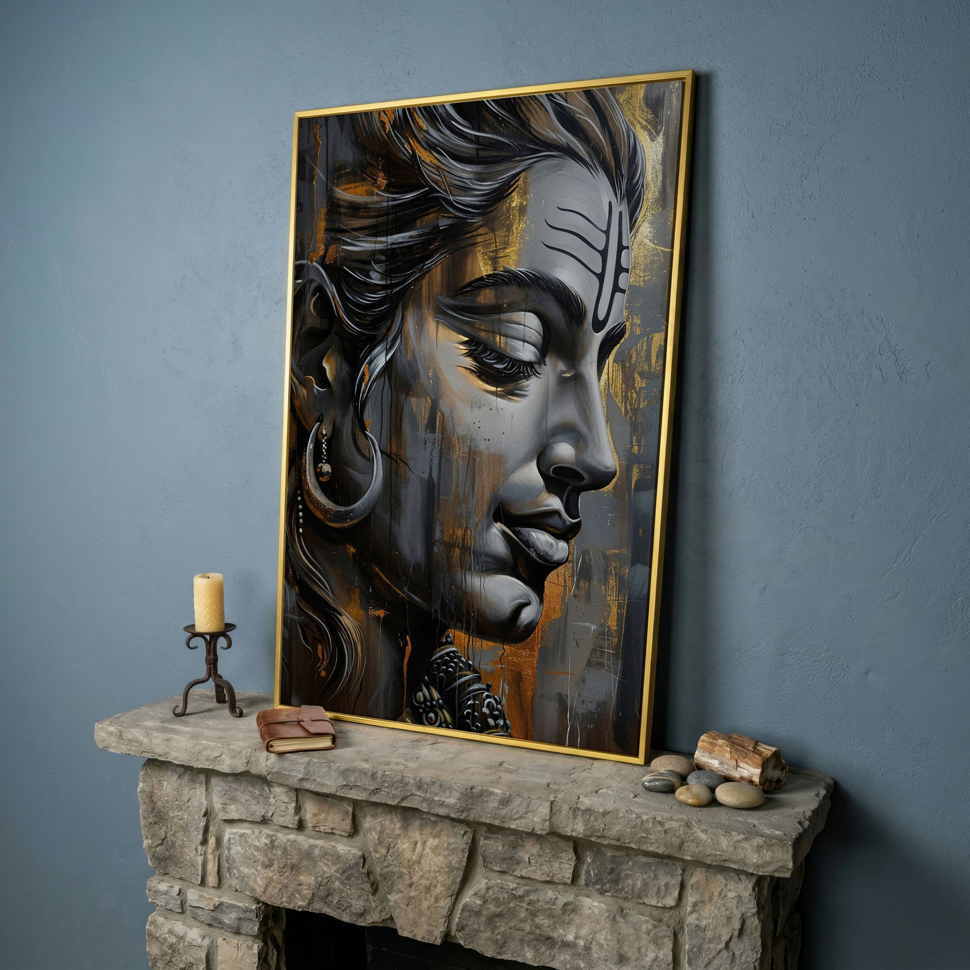 Lord Shiva Canvas Print in Charcoal and Gold in yellow gold floating frame
