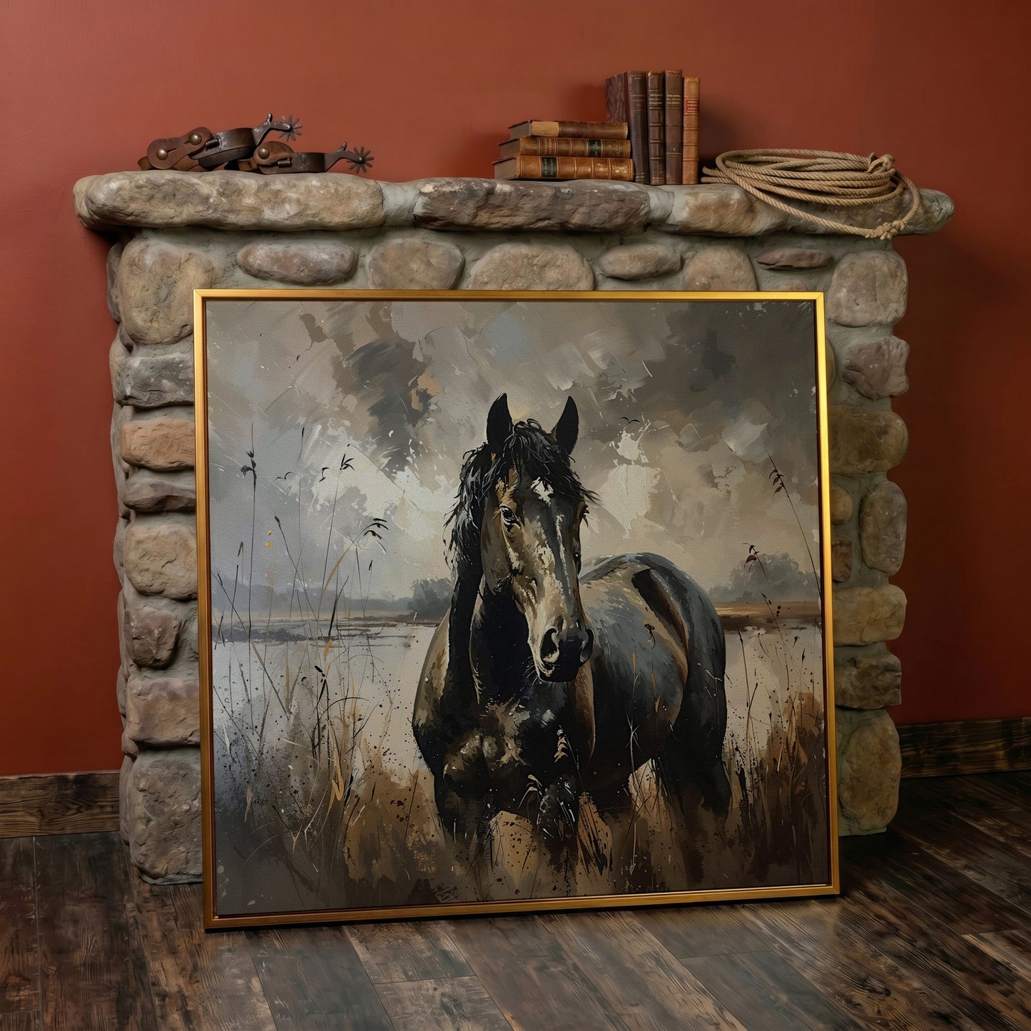 Brown Horse in Open Field Canvas in antique gold floating frame