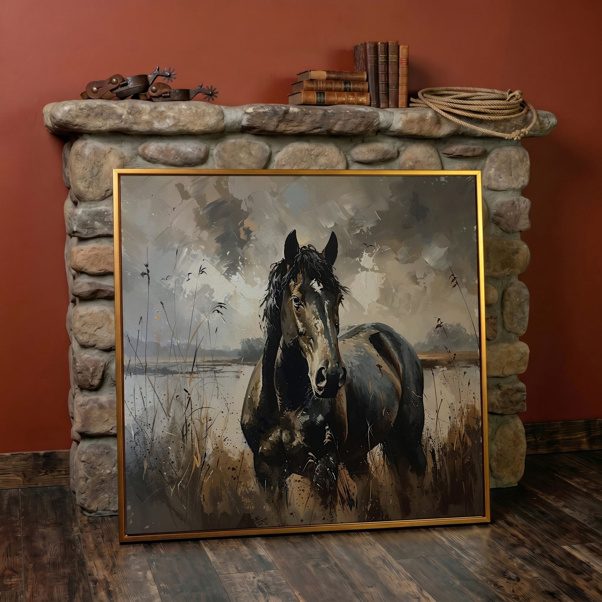 Brown Horse in Open Field Canvas in antique gold floating frame