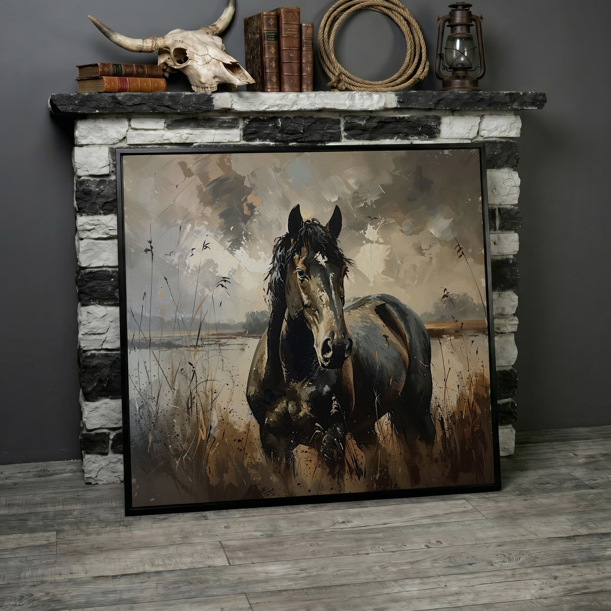 Brown Horse in Open Field Canvas in black floating frame