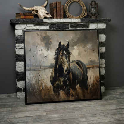 Brown Horse in Open Field Canvas in black floating frame