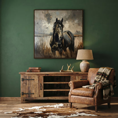 Brown Horse in Open Field Canvas in dark walnut floating frame