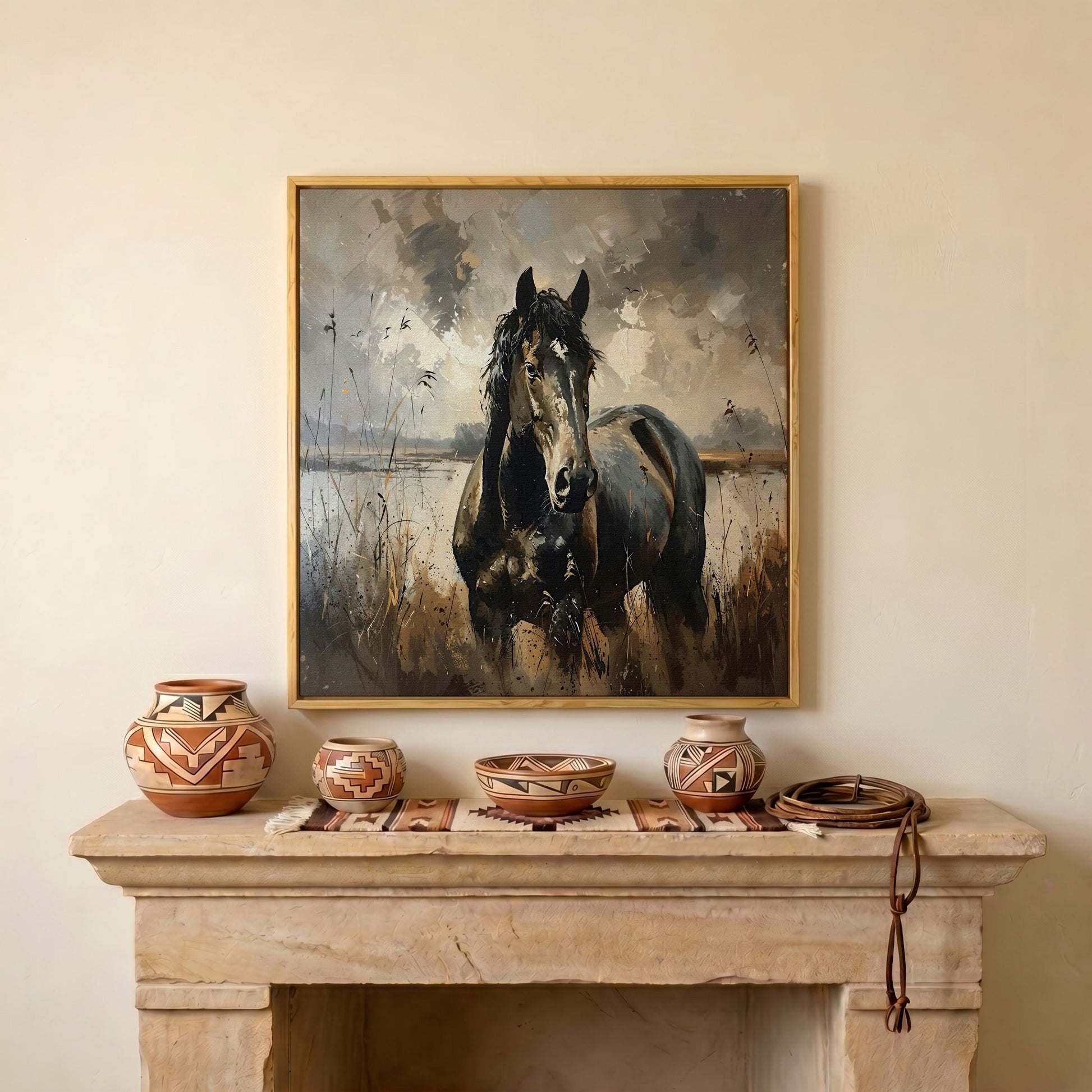 Brown Horse in Open Field Canvas in white oak floating frame