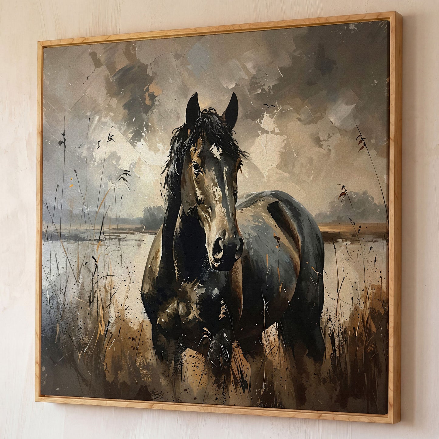 Brown Horse in Open Field Canvas shown in white oak floating frame