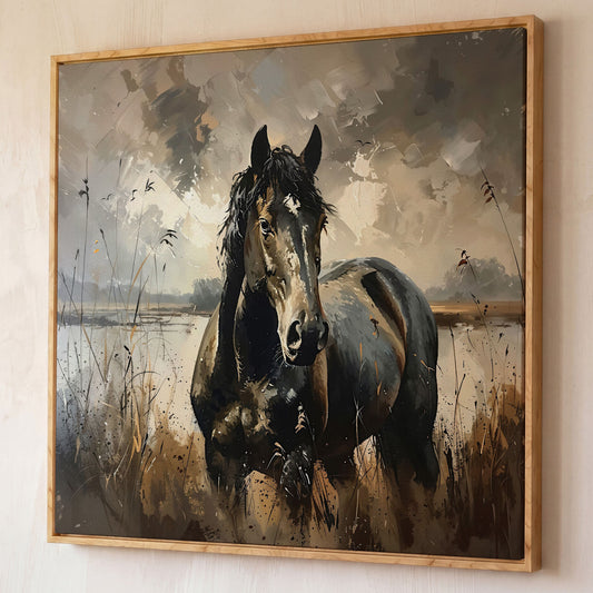 Brown Horse in Open Field Canvas shown in white oak floating frame