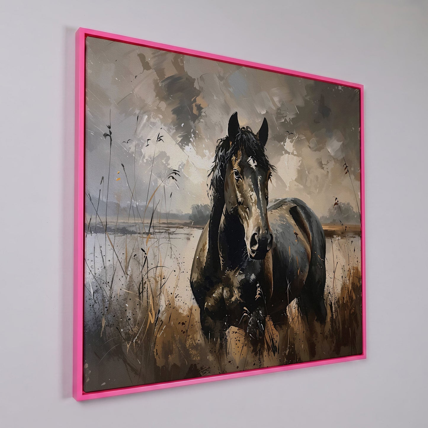 Brown Horse in Open Field Canvas in pink floating frame