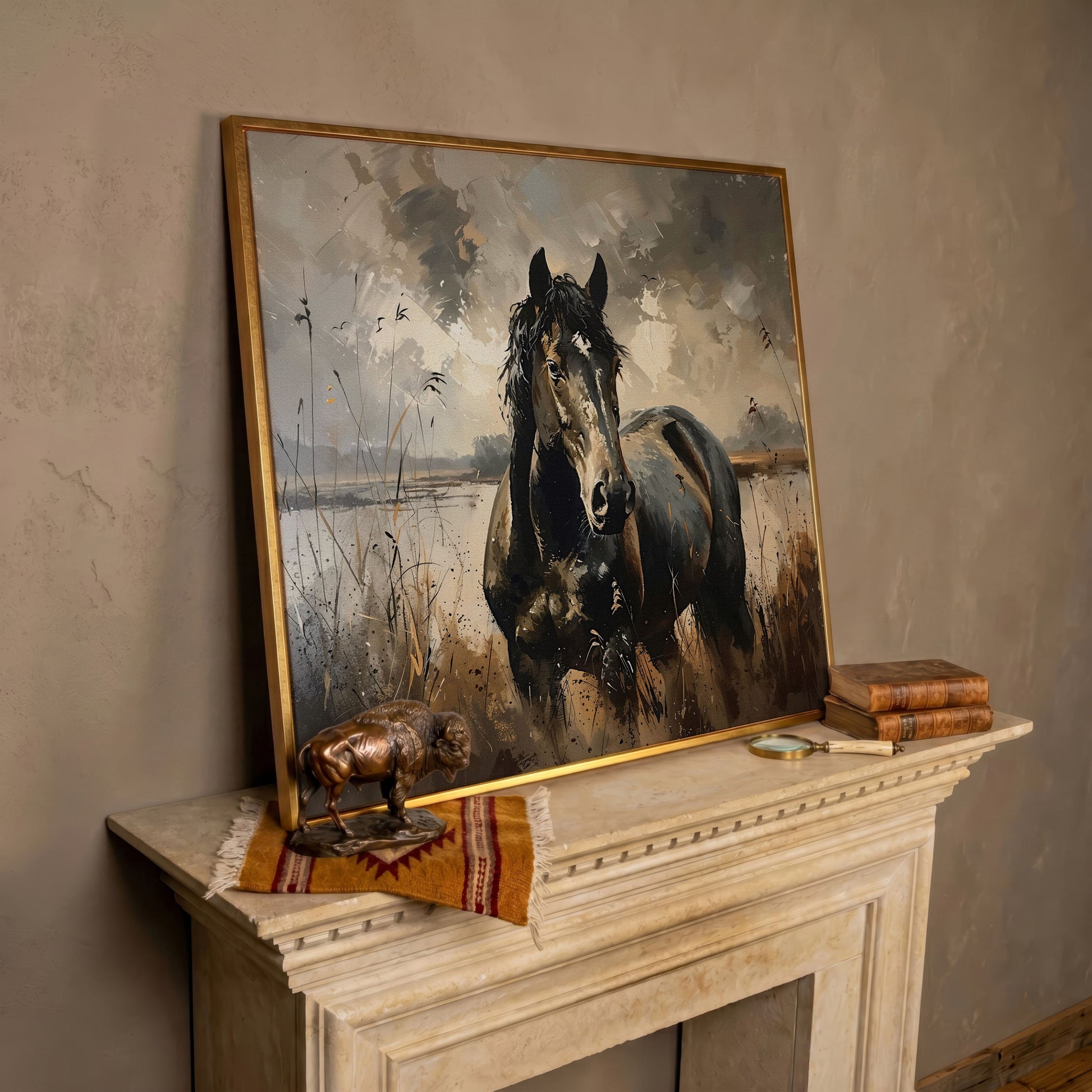 Brown Horse in Open Field Canvas in rose gold floating frame