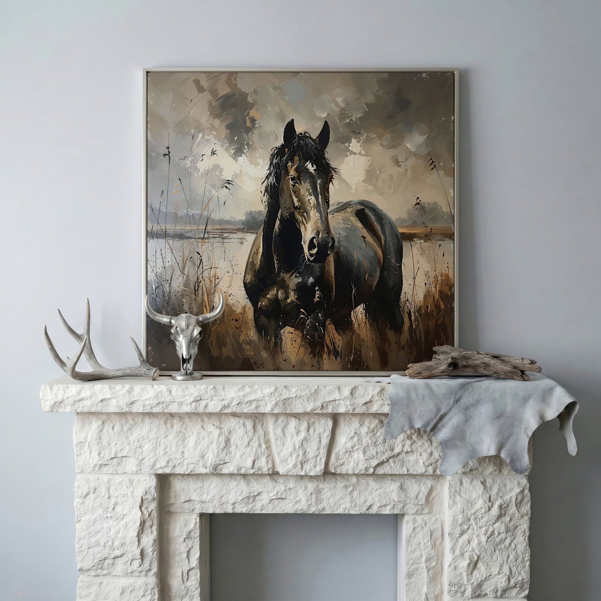 Brown Horse in Open Field Canvas in silver floating frame