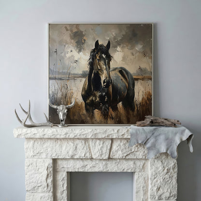 Brown Horse in Open Field Canvas in silver floating frame