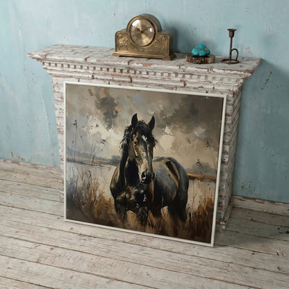 Brown Horse in Open Field Canvas in white floating frame