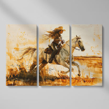 Cowgirl and White Horse Canvas Wall Art as 3-panel split version