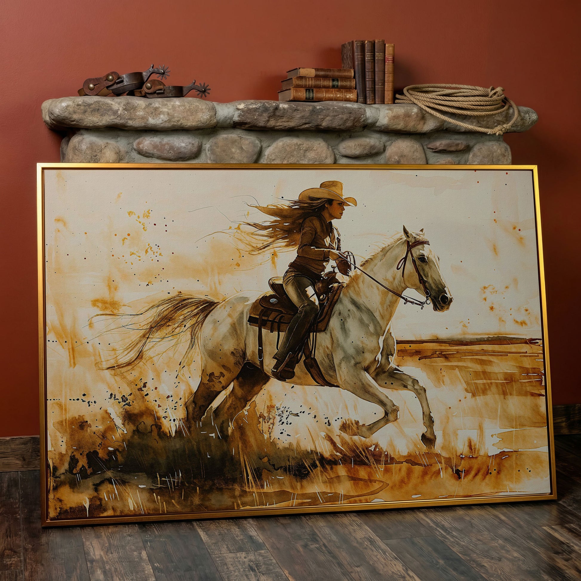 Cowgirl and White Horse Canvas Wall Art in antique gold floating frame