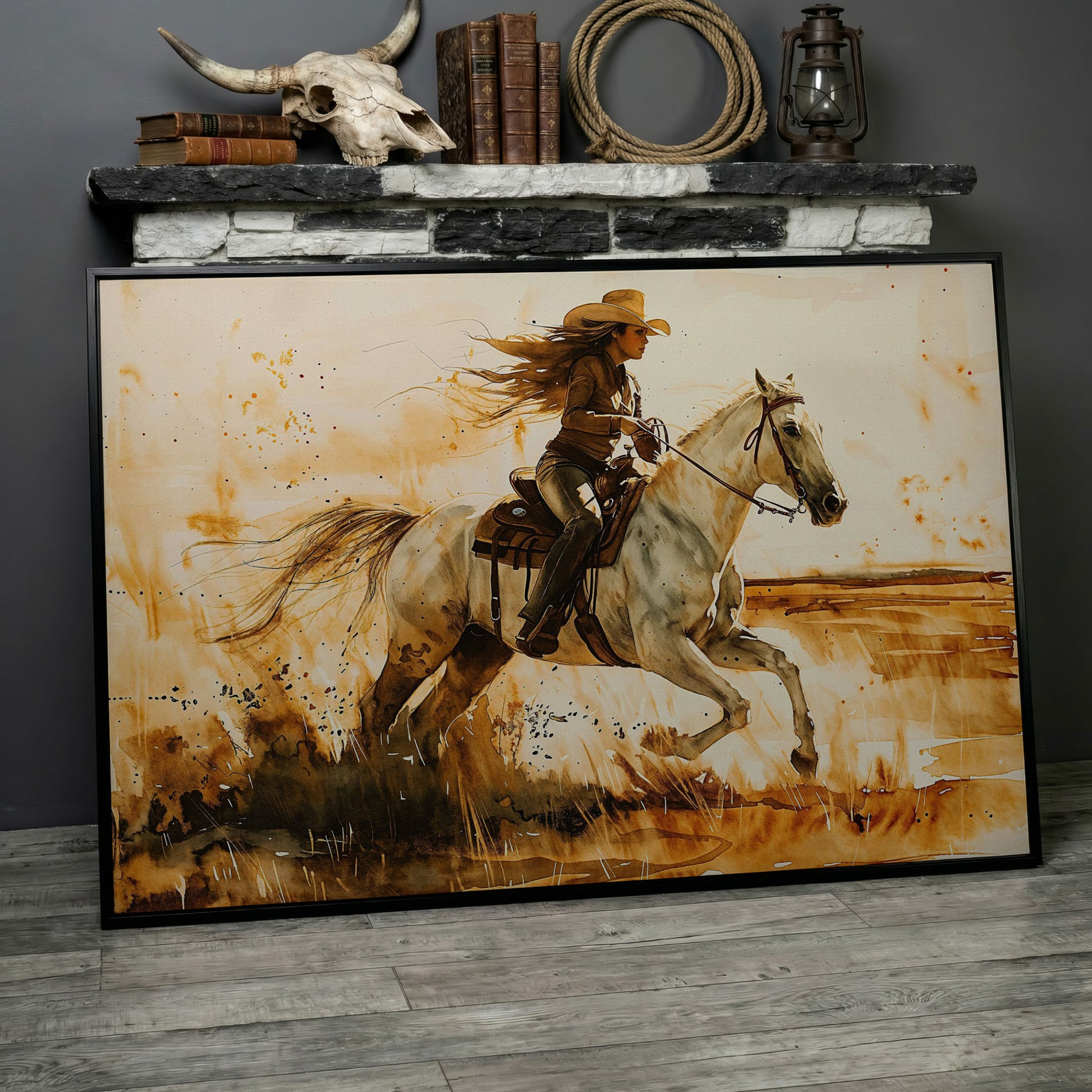 Cowgirl and White Horse Canvas Wall Art in black floating frame