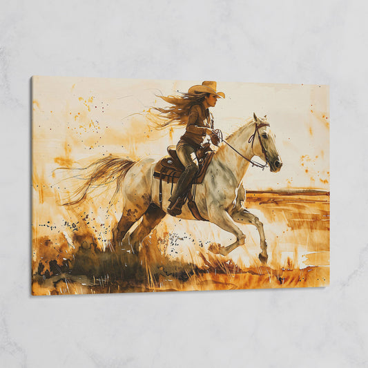 Cowgirl and White Horse Canvas Wall Art on gallery wrap