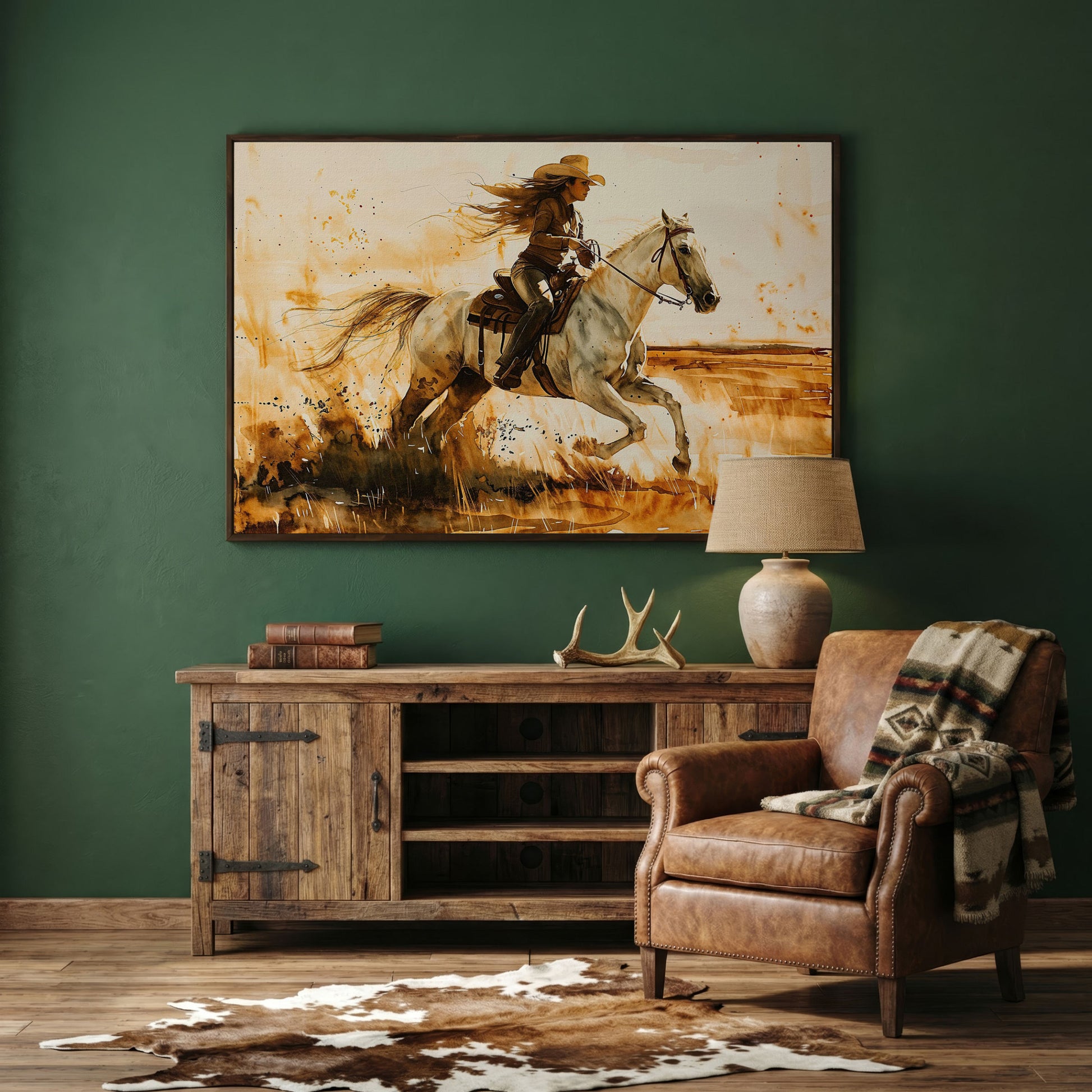 Cowgirl and White Horse Canvas Wall Art in dark walnut floating frame