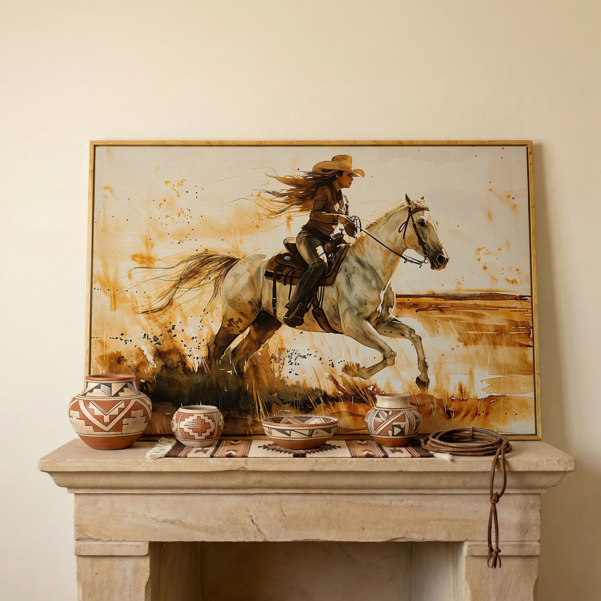 Cowgirl and White Horse Canvas Wall Art in white oak floating frame