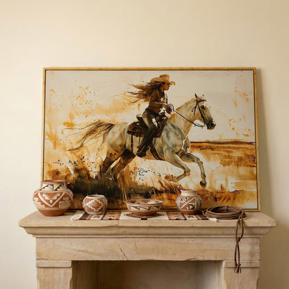 Cowgirl and White Horse Canvas Wall Art in white oak floating frame