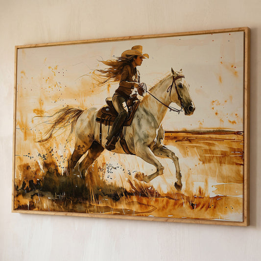Cowgirl and White Horse Canvas Wall Art shown in white oak floating frame