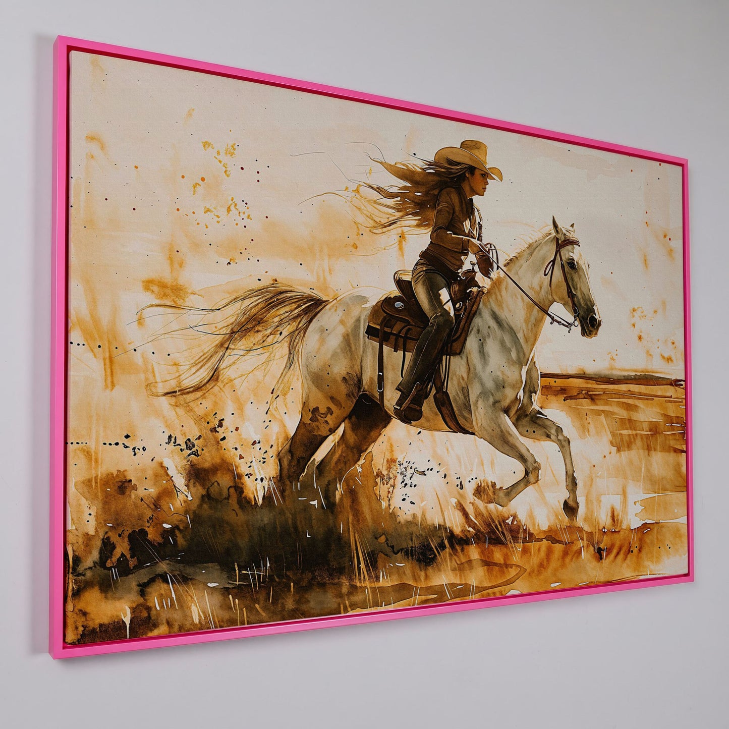 Cowgirl and White Horse Canvas Wall Art in pink floating frame