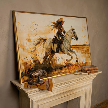 Cowgirl and White Horse Canvas Wall Art in rose gold floating frame
