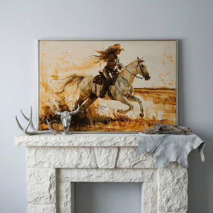 Cowgirl and White Horse Canvas Wall Art in silver floating frame