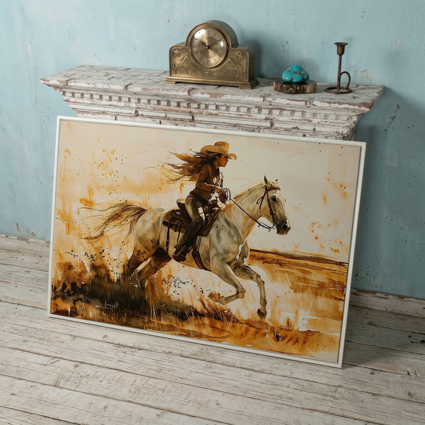 Cowgirl and White Horse Canvas Wall Art in white floating frame