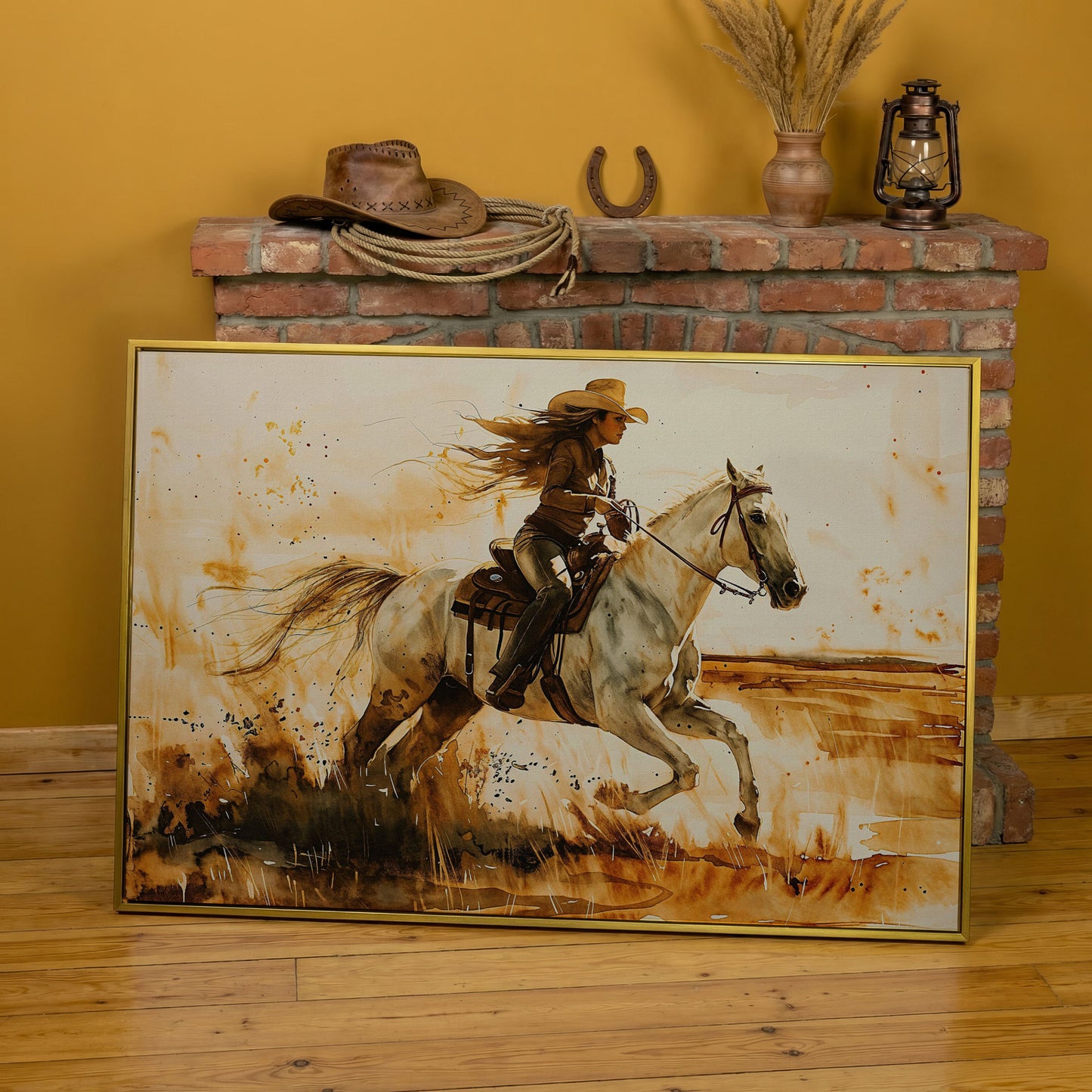 Cowgirl and White Horse Canvas Wall Art in yellow gold floating frame