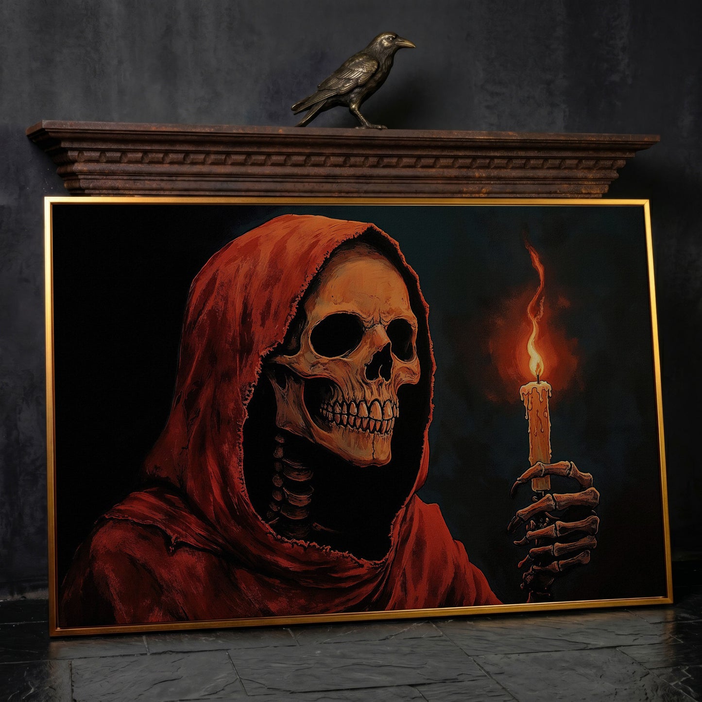 Skeleton with Candle Canvas Wall Art in antique gold floating frame
