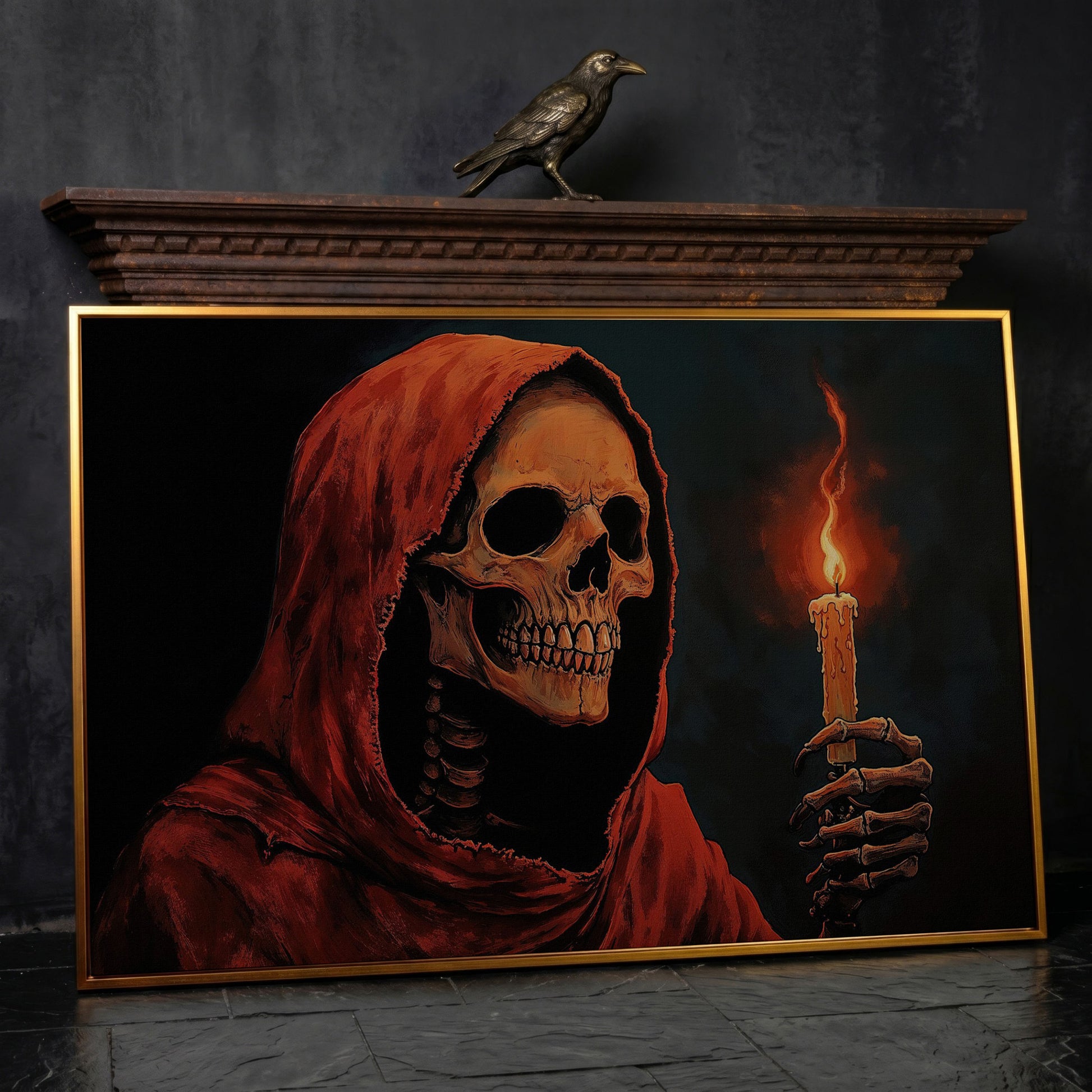 Skeleton with Candle Canvas Wall Art in antique gold floating frame