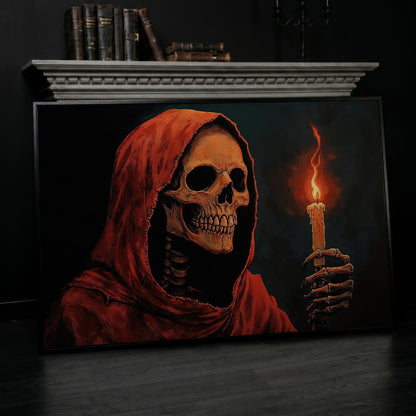 Skeleton with Candle Canvas Wall Art in black floating frame