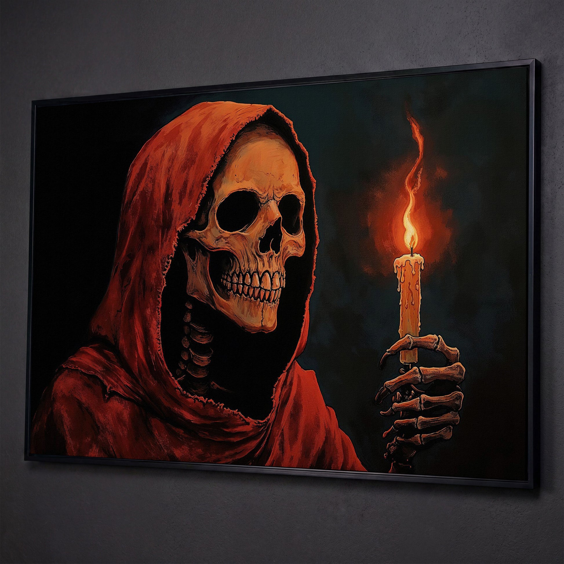 Skeleton with Candle Canvas Wall Art shown in black floating frame