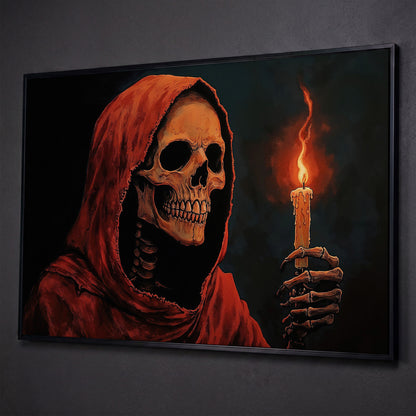 Skeleton with Candle Canvas Wall Art shown in black floating frame