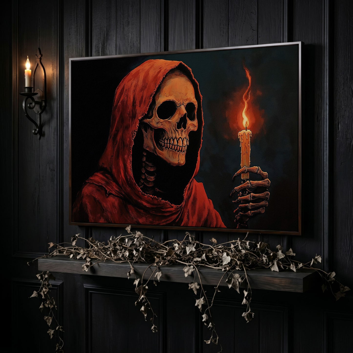 Skeleton with Candle Canvas Wall Art in dark walnut floating frame