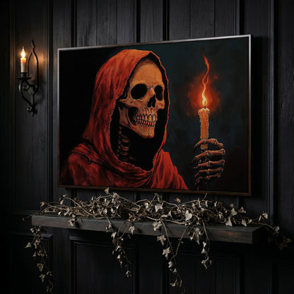Skeleton with Candle Canvas Wall Art in dark walnut floating frame