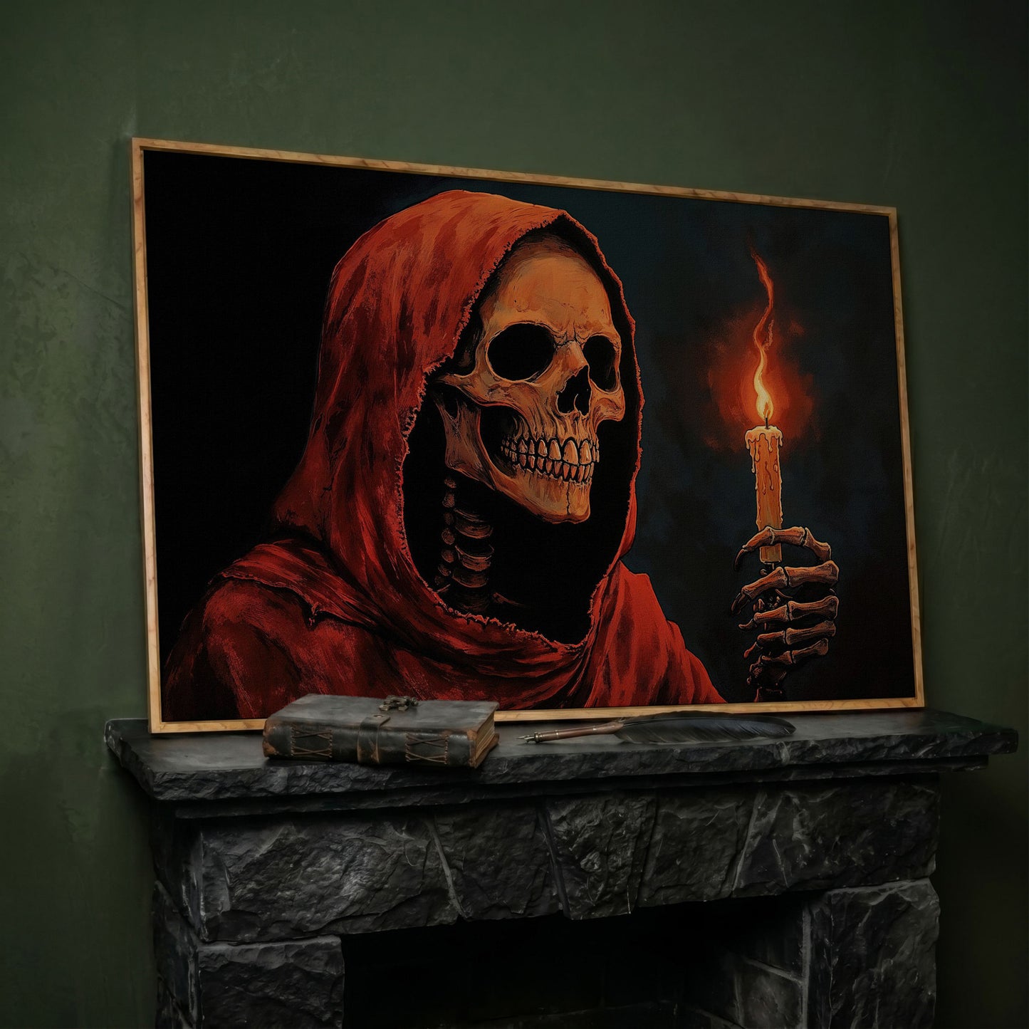 Skeleton with Candle Canvas Wall Art in white oak floating frame