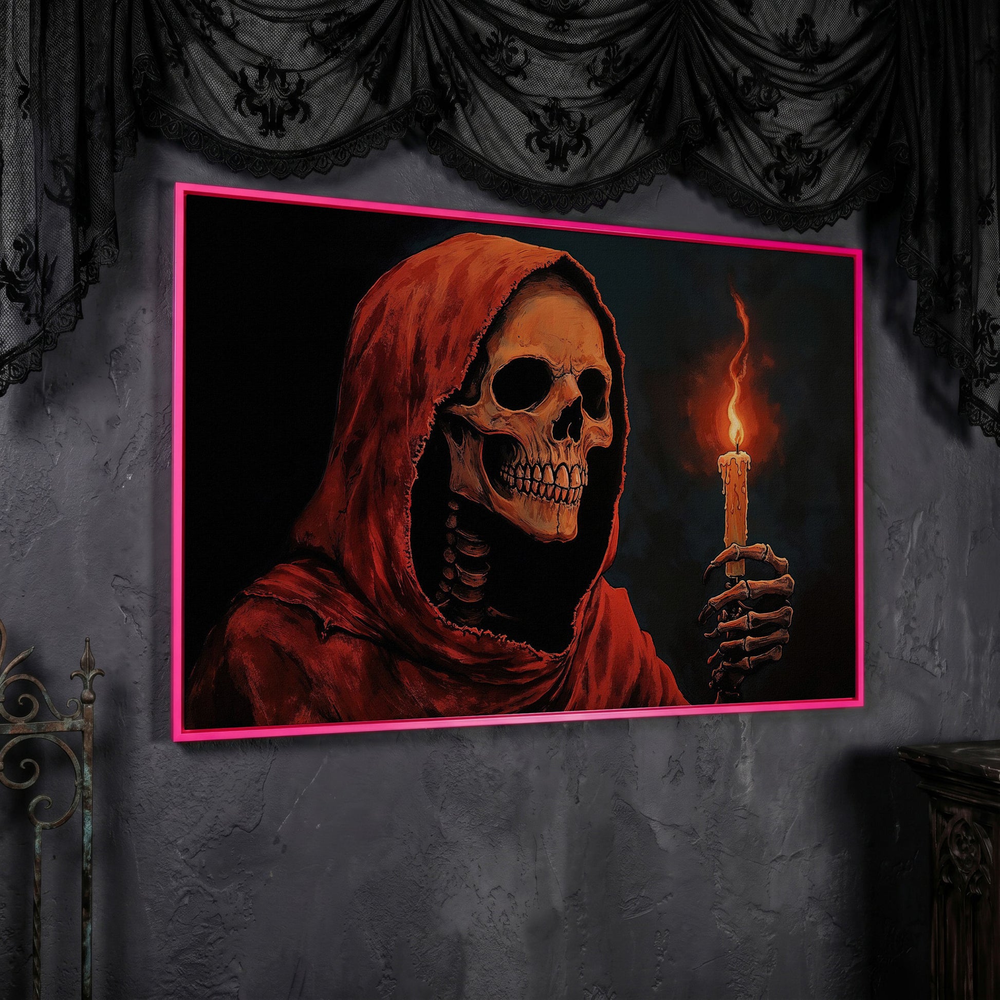 Skeleton with Candle Canvas Wall Art in pink floating frame