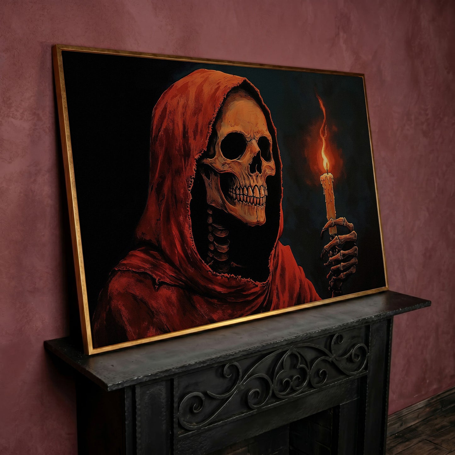 Skeleton with Candle Canvas Wall Art in rose gold floating frame