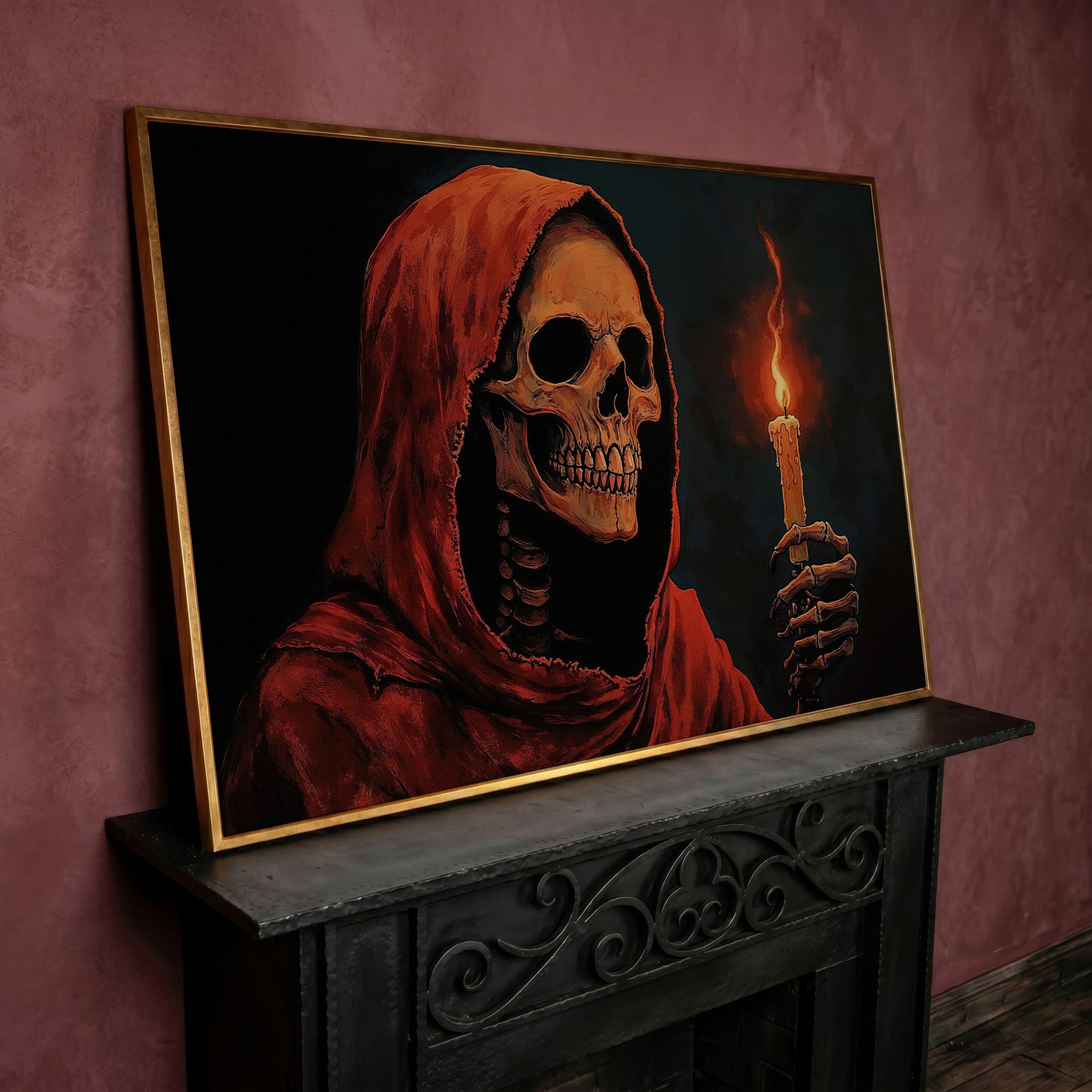 Skeleton with Candle Canvas Wall Art in rose gold floating frame